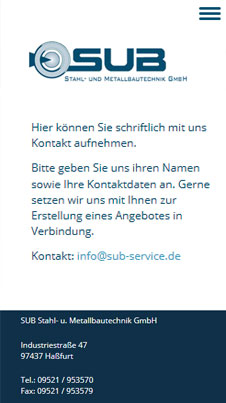 SUB Stahlbau GmbH Mobileansicht der Webseite
